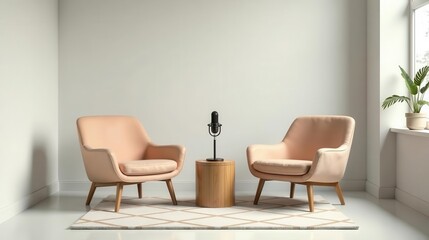 Fototapeta premium Modern minimalist interior design featuring two peach armchairs, a wooden side table, and a classic microphone, perfect for a podcast or interview setting