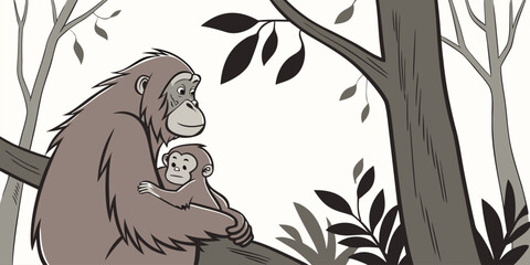 Obraz premium Vector illustration of an orangutan mother holding her baby in dense rainforest foliage. Include textured trees, soft light filtering through leaves, realistic fur detail, minimal extra elements, emot