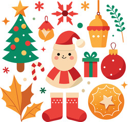 Fototapeta premium Vector art of a cheerful christmas scene with a santa claus figure, decorated tree, gifts, stockings, ornaments, and autumn leaves, all isolated on a