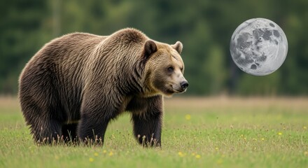 Majestic brown bear prowls across a grassy meadow under the moon