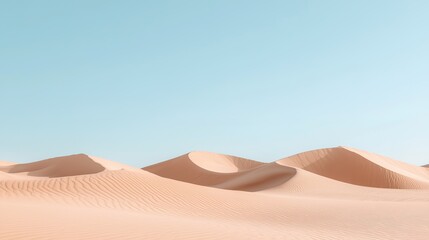 Vast sandy desert dunes under a clear blue sky with smooth, flowing shapes and warm tones.