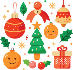 Fototapeta premium Vector art of an arrangement of cheerful christmas motifs including a fir tree, round ornaments, a gift box, and holly leaves, all isolated on a clean