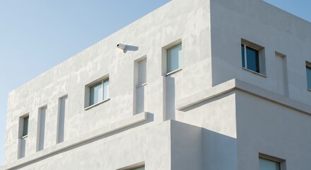 青く澄んだ空の下に立つ真っ白なモダン建築のファサード強い日差しが幾何学的な凹凸にシャープな影を落とし洗練された美しさが際立つ. AI Generated