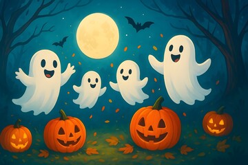 Fototapeta premium Cute cartoon Halloween scene with smiling ghosts and glowing pumpkins in a spooky forest, vibrant colors, playful atmosphere, perfect for kids theme illustration