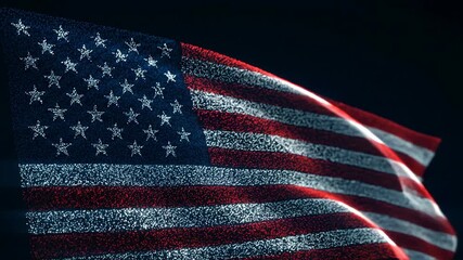 Animated American flag featuring blue stars and red stripes waving against a dark background. Symbol of freedom and patriotism. - Powered by Adobe