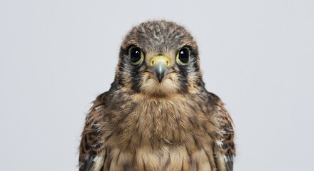 もふもふした羽毛のチョウゲンボウの雛が真剣な眼差しでカメラを見つめる明るいスタジオポートレート. AI Generated