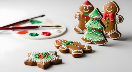 Fototapeta premium Joyful Homemade Cookies for the Holidays: Beautifully Iced Gingerbread Men, Christmas Tree, and Snowflake with Creative Decorating Supplies