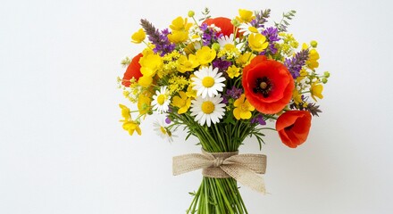 明るい光が優しく照らすカラフルな野花ブーケ喜びと生命力があふれる素朴な美しさ. AI Generated