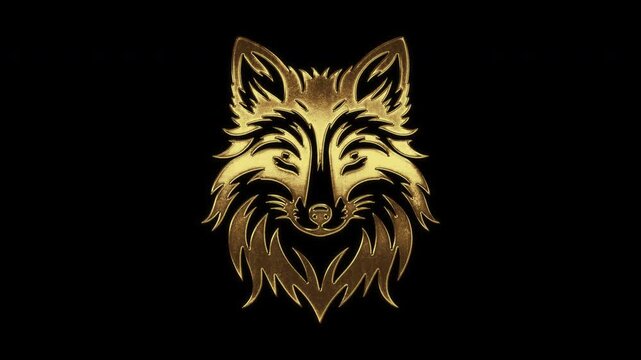 Fox face with slightly reflected outlines on a gold foil-like surface, loop, alpha channel

