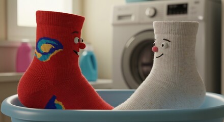 温かい光が降り注ぐ清潔な洗濯室で楽しげに語り合う赤と白の陽気な靴下キャラクター洗濯機を背に今日の洗濯物を待ちながら日々の出来事を分かち合う心温まる日常の一場面. AI Generated