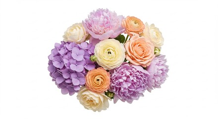 柔らかな自然光が花びらを優しく照らし淡いピンクとオレンジそして紫が繊細に混じり合う芍薬ラナンキュラス紫陽花が美しく咲き誇る豪華な花束純粋な喜びを届ける白い背景がその魅力を一層引き立てる. AI Generated