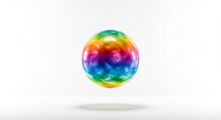 明るい光に照らされ清潔な白い空間に軽やかに浮かぶ虹色の卵のような球体鮮やかな色彩が美しく渦巻き輝く神秘的な視覚体験. AI Generated