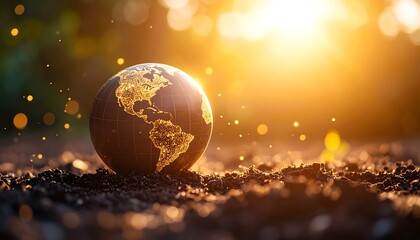 Earth globe in soil, golden light