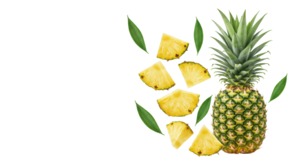 Vibrant unripe pineapple, bright yellow triangular slices, and fresh green leaves floating against a transparent background with abundant copy space, high-key studio light, concept of tropical fruit