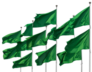 Cluster of Green Flags in Different Heights, Angled Side Perspective, Isolated PNG