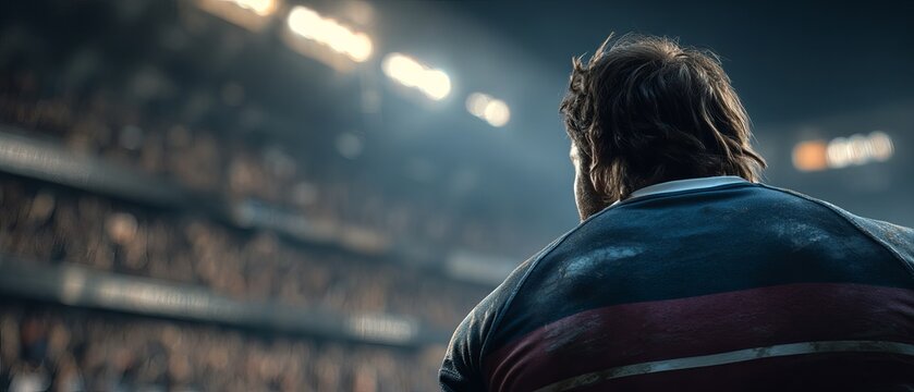 Spectator in stadium, focused on rugby player - Powered by Adobe