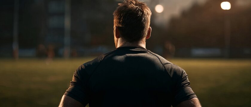 Man in black sports jersey, back view, on a field at night - Powered by Adobe