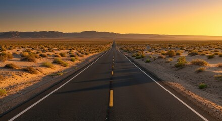 Fototapeta premium Road stretching into the distance under a sunset sky landscape desert environment journey concept