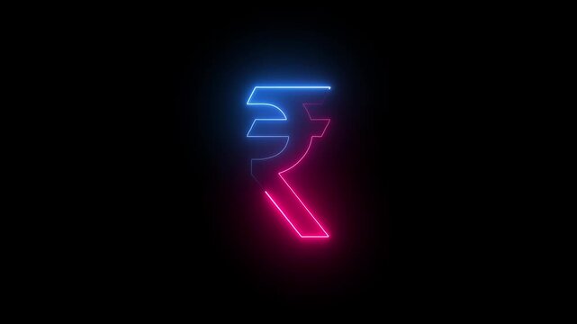 Animated Neon Indian Rupee Symbol. Indian Rupee Sign Isolated On Black Background, The Indian Rupee Is The Currency Of India.