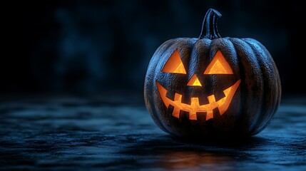 Spooky Halloween Jack o Lantern with Glowing Eyes and Mouth on a Dark Night