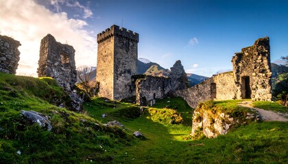 Fototapeta premium Ruined castle on a hillside at sunrise