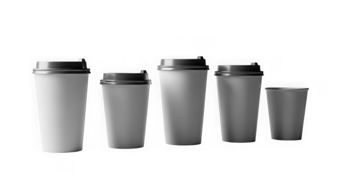 Five white disposable coffee cups with lids arranged in descending size order isolated on transparent background