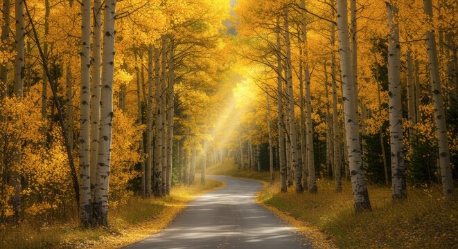 Road through a forest of golden trees with sunlight filtering through the canopy creating a vibrant autumn scene - Powered by Adobe