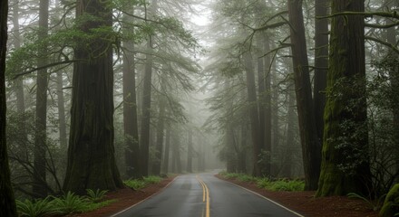 Obraz premium Road through a misty forest with tall trees and a lane vanishing into the distance natural setting