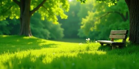 A Serene Wooden Bench Nestled Beneath Lush Greenery in a Tranquil Park Setting on a Sunny Day