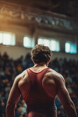 Wrestler in red singlet, back view, indoor arena