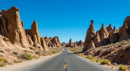 Fototapeta premium Road through arid landscape with rock formations under clear blue sky perfect for travel or exploration