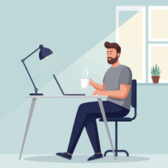 Man Working on Laptop with Cup of Coffee at Desk