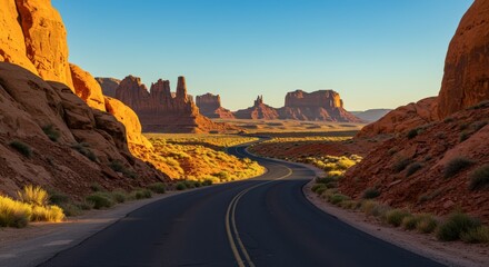 Road through desert landscape with sandstone formations under clear blue sky during daytime
