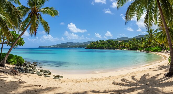 Tropical beach with palm trees white sand and turquoise ocean on a sunny day - Powered by Adobe