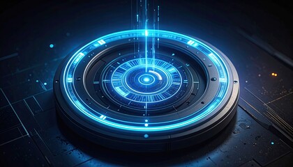 Futuristic Technology Core with Glowing Blue Light and Circular Circuitry on Dark Surface High Tech