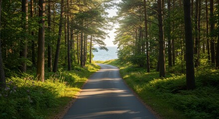 Fototapeta premium Road through forest leads towards distant ocean with sunlight illuminating path and surrounding trees