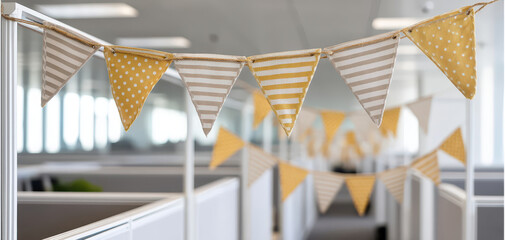 Happy anniversary work celebration in modern office with yellow and gray bunting flags creating cheerful atmosphere among cubicles and bright natural light