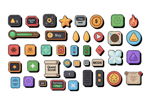 Game UI and HUD Elements Vector Set Buttons, Icons, Scrolls, Coins, Skills