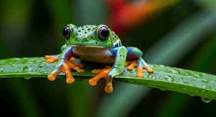 Obraz premium Detailed close up of a colorful frog sitting on a green leaf in the rainforest, showcasing its