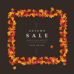 Autumn sale banner design with colorful maple leaves frame decoration and discount promotion on dark background perfect for seasonal advertising and marketing use