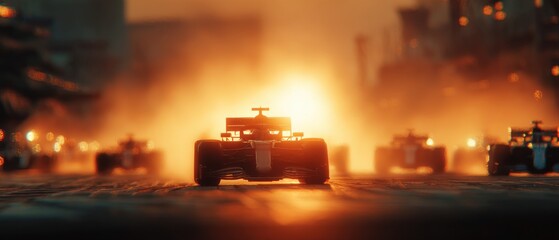 Obraz premium Formula 1 car at race start glowing in golden sunlight with dramatic dust and intensity. Concept of motorsport emotion, branding, editorial, advertising, and lifestyle passion.
