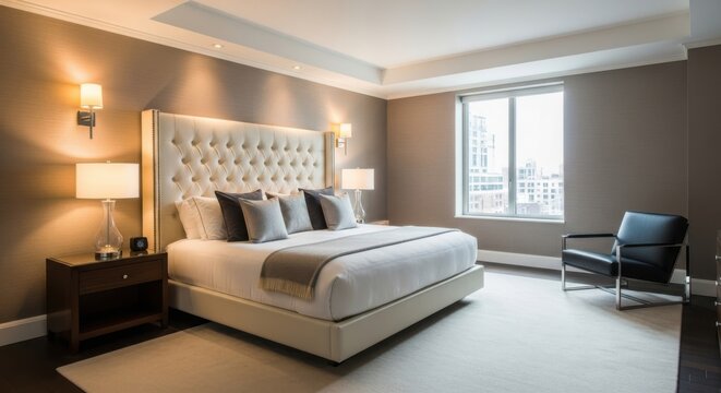 Luxurious hotel bedroom suite with king size bed elegant furniture and soft lighting