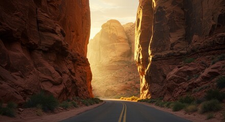 Road through towering red rock formations with sunlight shining ahead landscape photography