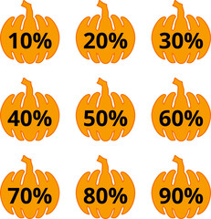 Halloween price tag. Gift tags set. Stickers price. Pumpkin for Halloween with written discount percentages for coupons, social networks, covers, posters, showcase decorations, markets.