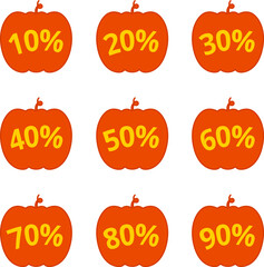 Halloween price tag. Gift tags set. Stickers price. Pumpkin for Halloween with written discount percentages for coupons, social networks, covers, posters, showcase decorations, markets.