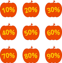 Halloween price tag. Gift tags set. Stickers price. Pumpkin for Halloween with written discount percentages for coupons, social networks, covers, posters, showcase decorations, markets.