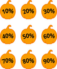 Halloween price tag. Gift tags set. Stickers price. Pumpkin for Halloween with written discount percentages for coupons, social networks, covers, posters, showcase decorations, markets.