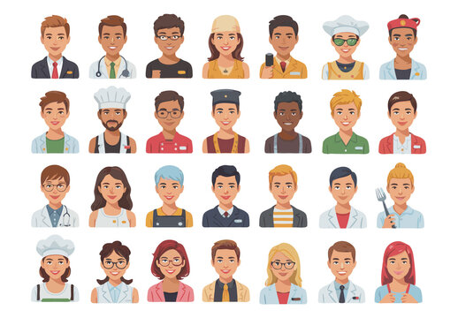 Profession Avatars Vector Set Diverse People in Different Jobs and Occupations