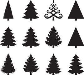 Obraz premium Evergreen Christmas Trees Silhouette: A diverse arrangement of stylized Christmas tree silhouettes in various shapes, suitable for seasonal design.