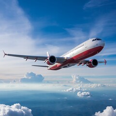 Fototapeta premium Commercial airplane soaring through clouds under bright blue sky